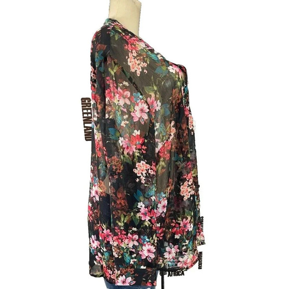 Kut From the Kloth Plus 2X Sheer Black Floral Button Roll-Tab Long Sleeve Blouse - Picture 5 of 6